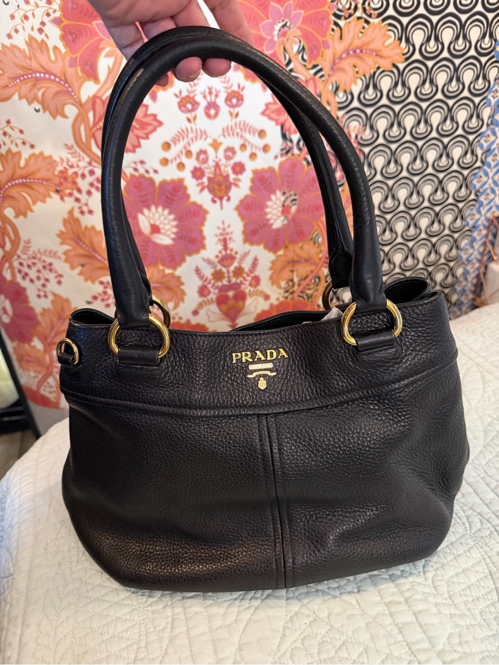 PRADA BR4393 Vitello Daino Leather East West Tote Black Gold 2-Way Bag